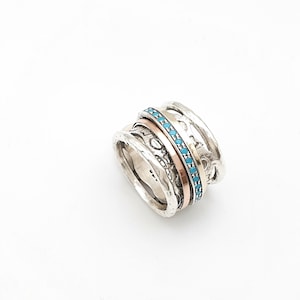 Silver Spinner Ring, Blue Turquoise Spinning Ring, Two Tone Wide Ring, 9k Gold And Silver Band, Meditation Ring, Casual Ring, Bohemian Style image 7