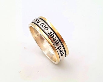 This Too Shall Pass Band, Hope Ring, Two Tone Ring, Solid Gold and Silver Inspirational Ring