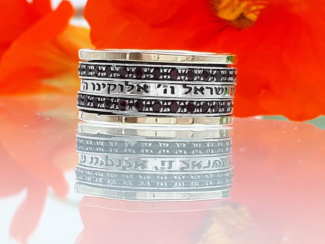 Shema Israel Spinner Ring | 14K Gold & Silver Hebrew Ring | Garnet ...