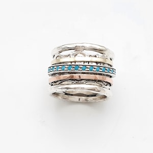 Silver Spinner Ring, Blue Turquoise Spinning Ring, Two Tone Wide Ring, 9k Gold And Silver Band, Meditation Ring, Casual Ring, Bohemian Style image 3