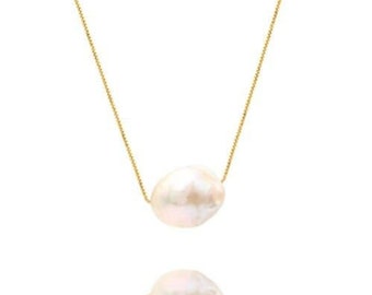 Natural Pearl Necklace, Large Pearl Necklace, Single Pearl Necklace, Baroque Pearl Necklace, 14K Gold, Freshwater Pearl, White Pearl Jewelry