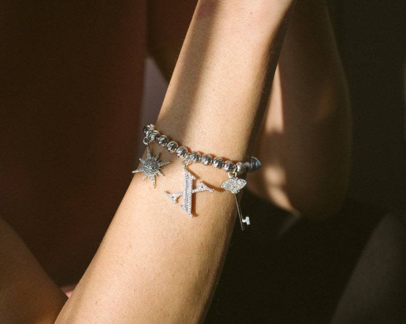 Chunky Charms Bracelet Initial Silver Bracelet Silver Charm Bracelet Sterling Silver Bead Bracelet Cubic Zirconia Bracelet for Women