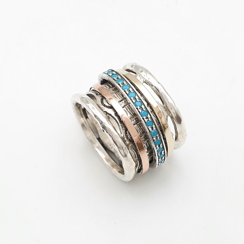 Silver Spinner Ring, Blue Turquoise Spinning Ring, Two Tone Wide Ring, 9k Gold And Silver Band, Meditation Ring, Casual Ring, Bohemian Style image 2