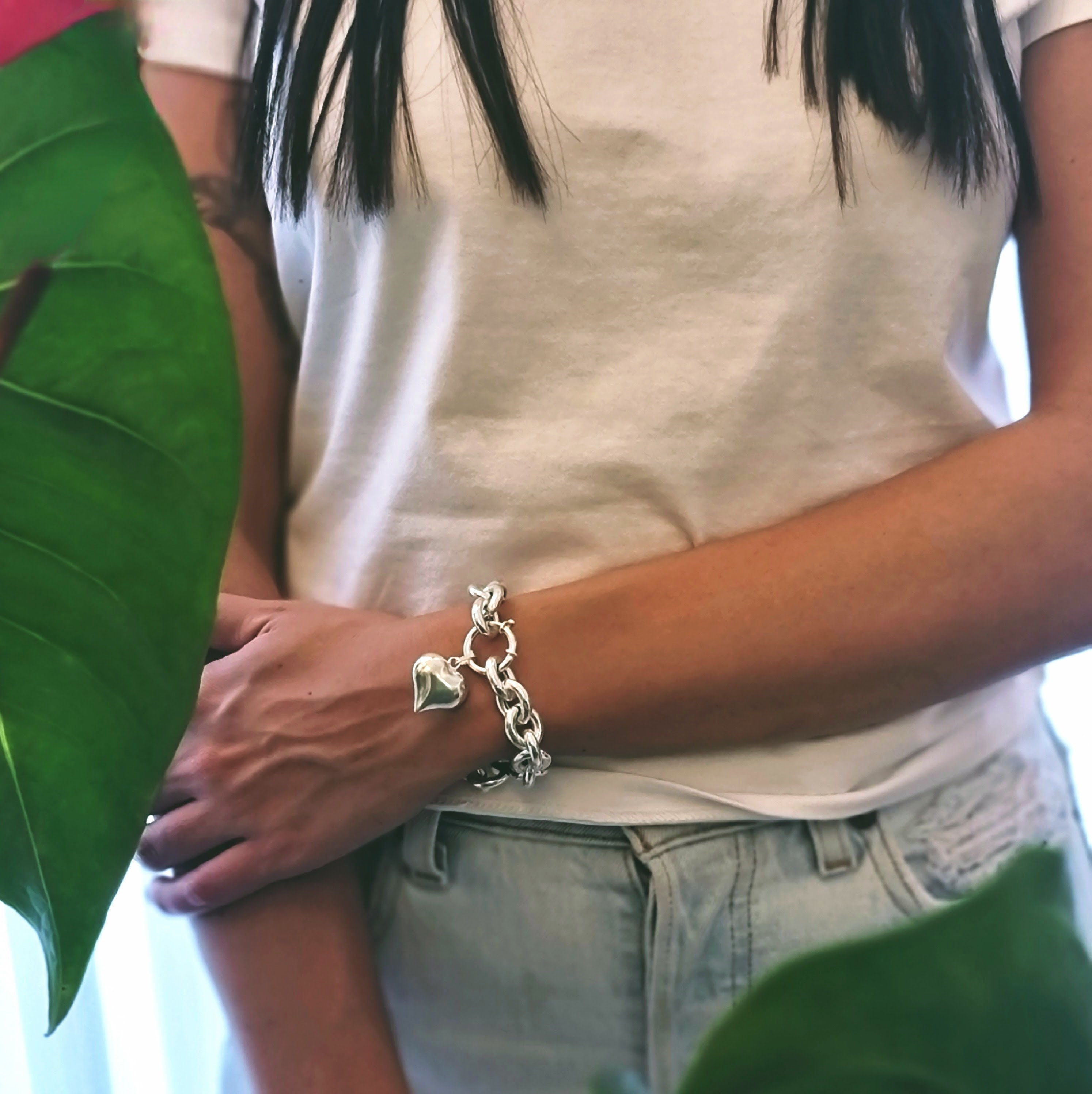 Silver Heart Bracelet, Heart Charm, Silver Chain, Chunky Heart Chain ...