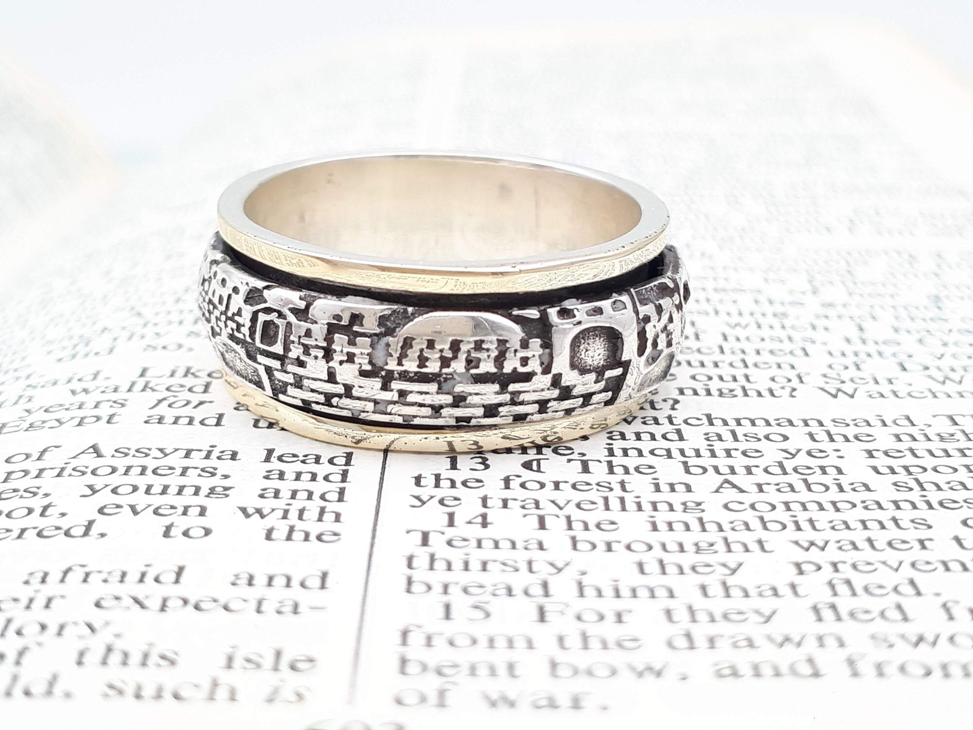 Jewish  Ring, 14K solid Gold & Silver, Spinner Ring, Jerusalem Ring, Two Tone Ring, Hebrew Ring, Meditation Ring, Judaica Jewelry Gift