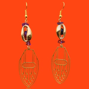 Art deco earrings cowrie shell earrings brass earrings