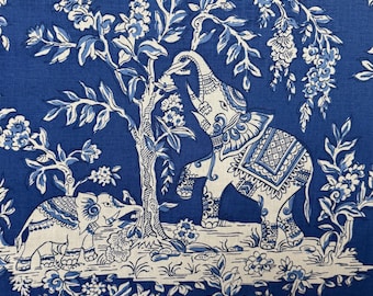 Ils Des Elephants Linen Fabric: Clarence House Cobalt Elephant Print