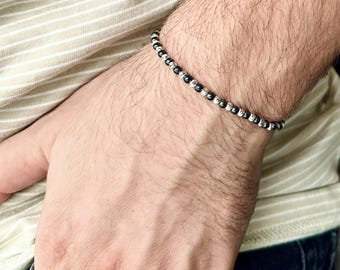 Hematite Velar Bracelet with 3mm 925 Sterling Silver Slide Beads, Semiprecious, Silver Bracelet, Gift, Thread String Bracelet