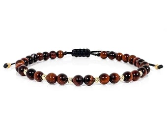 Tiger&#39;s Eye and 14K Solid Gold Beads Bracelet, SemiPrecious, Real Gold Bracelet, Gift for Men, Thread Bracelet