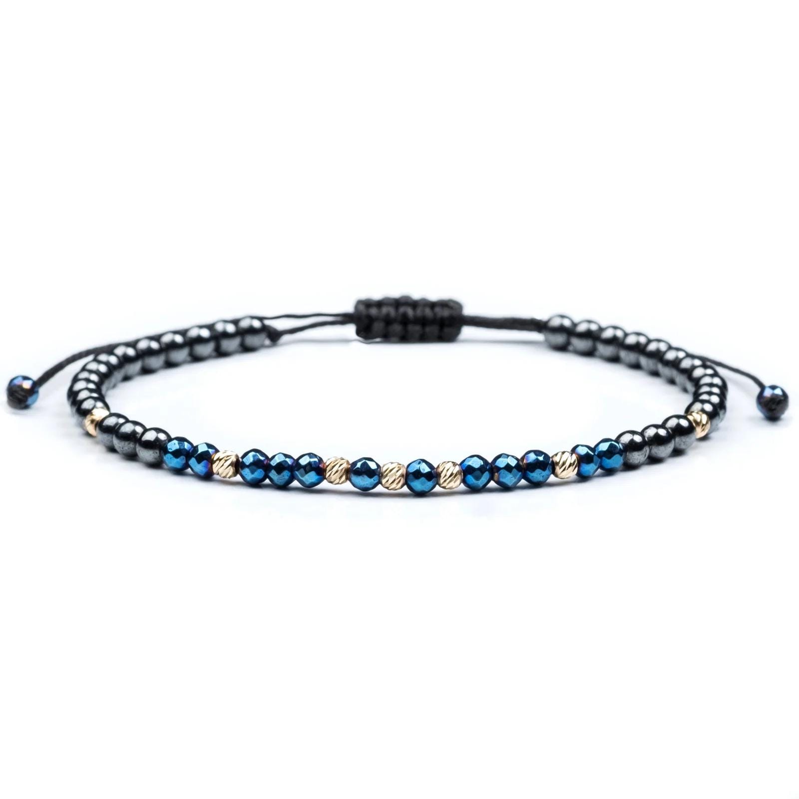 Blue and Grey Hematite Gemstone Velar Bracelet with 2.5mm 14K Solid Gold Beads, Semi-Precious, Real Gold Bracelet, Gift for Men, Thread