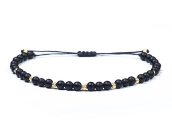 Matte Onyx Velar Bracelet with 2.5mm 14K Solid Gold Beads, Semiprecious Gemstones, Real Gold Bracelet, Gift for Men, Bead Bracelet, Thread