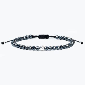 Faceted Hematite Bracelet: Sterling Silver Accent Bead, Adjustable Cord