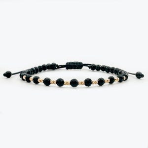Faceted Black Onyx Bracelet: 14K Gold Bead, Adjustable Thread