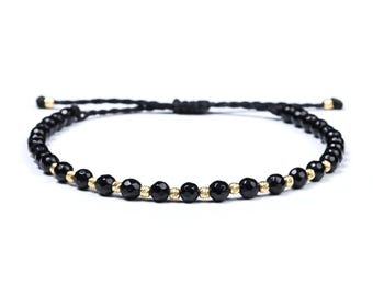 Faceted Black Onyx Velar Bracelet with 2.5mm 14K Solid Gold Beads, Semi-Precious, Real Gold Bracelet, Gift for Men, Thread Bracelet, String