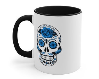Accent Mug with blue sugar skull and flowers, Blue Skull Mugs, Day of the dead Mug, Día de Muertos Mug, Coffee cup, Tea cup, Halloween Mug