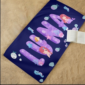 Personalized Beach Towel with Name, Custom Name Cute Mermaid Letters Summer Beach Towel, Girls Towel, Spring Break, Gift for Girls