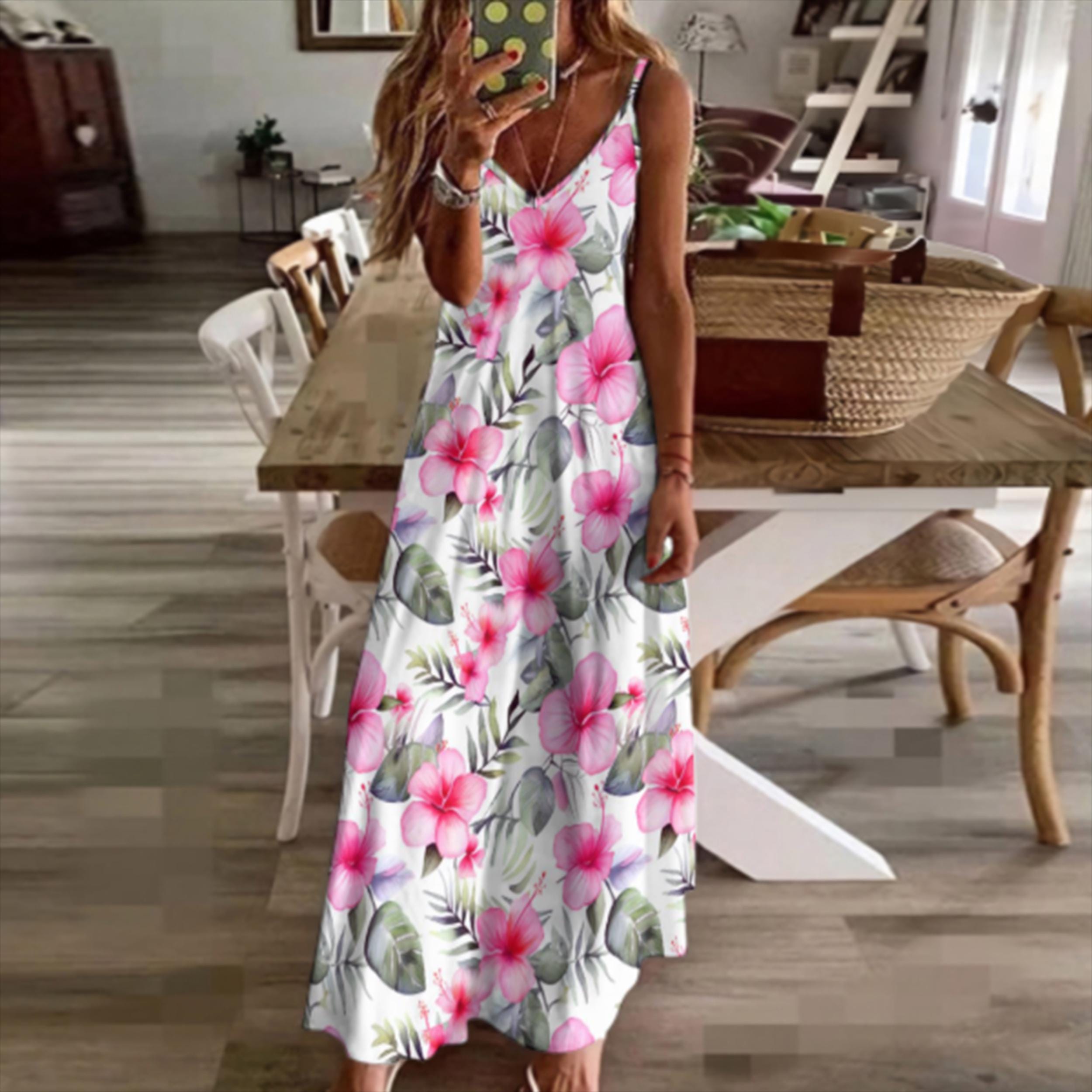 Personalized Summer Dress, Maxi Floral Boho Spaghetti Strap Sleeveless Dress, Bachelorette Party Personalized Flowy, S-5xl Sizes