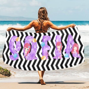 Personalized Beach Towel with Name, Mermaid Letters Custom Name Summer Beach Towel, Girls Towel, Bridesmaid Gift, Spring Break, Girls Gift