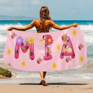 Personalized Beach Towel with Name, Mermaid Letters Custom Name Summer Beach Towel, Girls Towel, Bridesmaid Gift, Spring Break, Girls Gift
