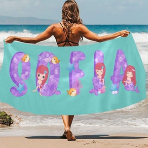 Personalized Beach Towel with Name, Cute Mermaid Letters Custom Name Summer Beach Towel, Girls Towel, Spring Break, Gift for Girls
