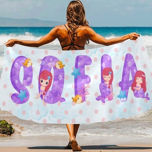 Personalized Girls Beach Towel with Name, Mermaid Letters Custom Name Summer Beach Towel, Girls Towel, Spring Break, Girls Gift