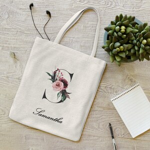 Personalized Initial Cotton Canvas Tote Bag: Boho Floral Design