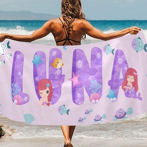 Personalized Beach Towel with Name, Cute Mermaid Letters Custom Name Summer Beach Towel, Girls Towel, Spring Break, Gift for Girls