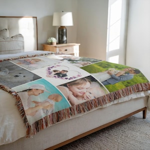 May include: A woven throw blanket featuring a collage of family photos. The blanket displays various images, including a wedding photo, a mother and child, and a heart-shaped floral arrangement. The blanket has a fringed edge.