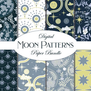 Lot de papiers numériques lune, ciel nocturne, papiers à motif répété, papiers de scrapbooking, lune, lunaire, lune nocturne, jardin de nuit, étoiles, céleste