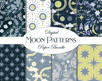 Peut inclure: Un ensemble de huit motifs lunaires numériques dans un schéma de couleurs bleu, jaune et blanc. Les motifs présentent des lunes, des étoiles, des nuages et des motifs floraux. Le texte "Digital Moon Patterns Paper Bundle" est affiché au centre de l'image.