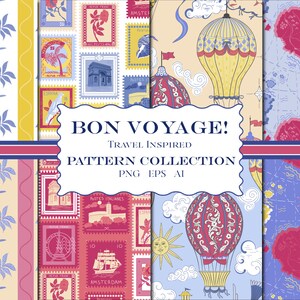 Bon Voyage Modelli pastello, modelli senza cuciture, documenti digitali, modelli ripetuti ispirati ai viaggi Bambini stravaganti