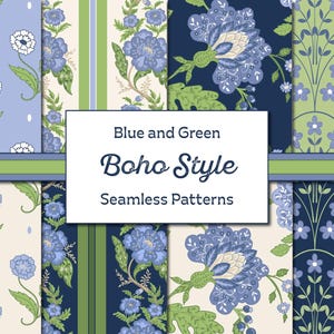 Boho Blau und Grün Muster, Grandmillennial Muster, nahtlose Muster, sich wiederholende Muster digitales Papier Bundle