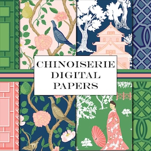 Chinoiserie digitale papieren naadloze patronen, roze blauw groene Aziatische stijlpatronen, Chinese Franse stijlpatronen vogel- en bloemenprint