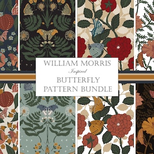 Modelli di farfalle Boho autunnali, modelli di farfalle William Morris, documenti digitali Boho, falena stile autunnale e carta per album floreali