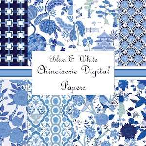 Chinoiserie Digitaal Papier, Blauwe en Witte Patronen, Herhaalpatronen, Grandmillenial Papier, Decoupage Papier, Blue Willow Designs