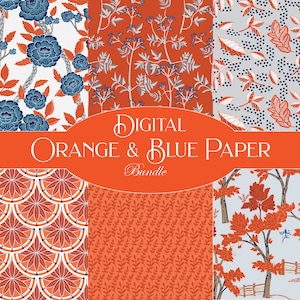 Papeles digitales naranjas y azules, diseño de patrones repetidos, papel de descarga digital de árboles de otoño florales, papel de álbum de recortes con motivos asiáticos