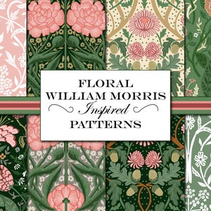 Può includere: Una collezione di motivi floreali ispirati a William Morris, con vari disegni nei toni del rosa, verde e crema. I motivi includono fiori, foglie e altri elementi botanici. Il testo "FLORAL WILLIAM MORRIS Inspired PATTERNS" è presente.