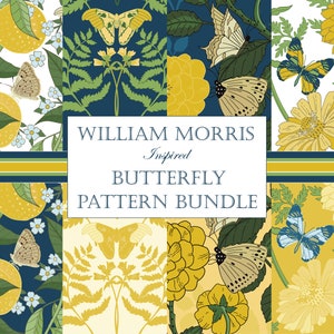 Morris Butterfly, Pacchetto di carta digitale, Design William Morris, Carta farfalla e falena, Decoupage Art Nouveau, Giallo e Blu