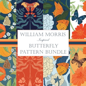 Morris Butterfly, set di carta digitale, arancione e blu, modelli stile William Morris, carta stampabile farfalla, stile Art Nouveau