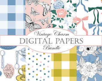 Pink & Blau Floral Digitales Papier: Vintage Scrapbook Muster (Digitaler Download)