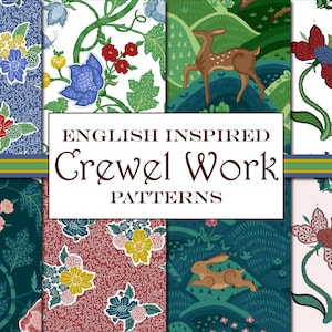 Może przedstawiać: Osiem różnych wzorów kwiatowych i zwierzęcych inspirowanych angielskim haftem. Wzory charakteryzują się różnorodnością kolorów, w tym niebieskim, zielonym, czerwonym, różowym i żółtym. Wzory idealnie nadają się do haftu, patchworku i innych prac ręcznych.