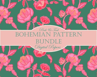 Bohemian Floral Pattern Digital Paper: Teal & Pink (Digital Download)