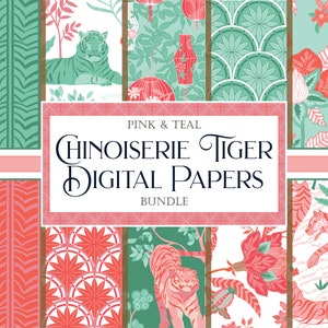 Chinese Tigers Digital Paper Bundle, Pink Teal Repeat Pattern, Chinoiserie Designs, Asian Paper Decoupage, Stationery Patterns, Commercial