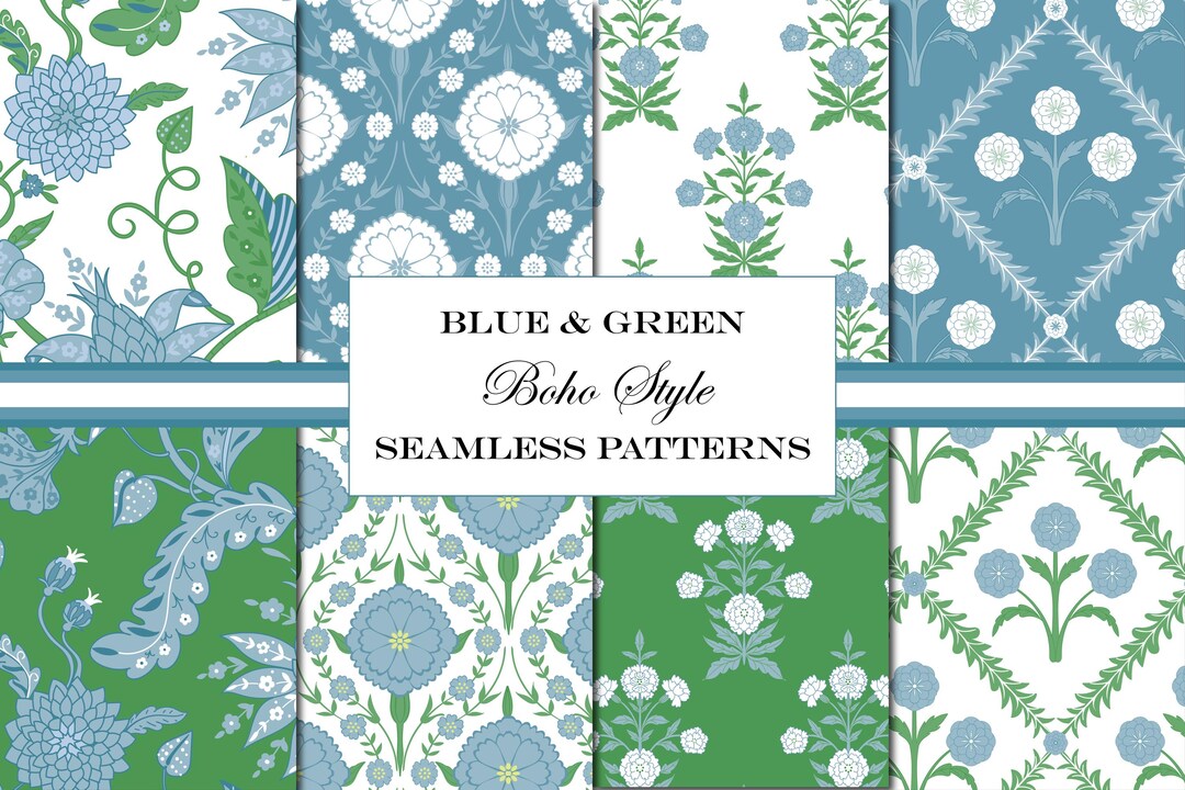 Blue & Green Boho Seamless Patterns: Grandmillennial Designs (digital ...