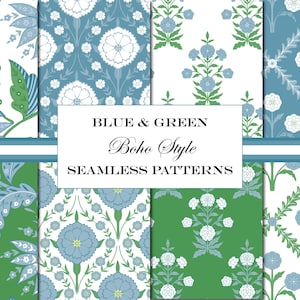 Blauwe en groene bohopatronen Grandmillennial naadloze patronen, boho-ontwerpen, digitale papieren bundel met naadloze tegels voor textiel