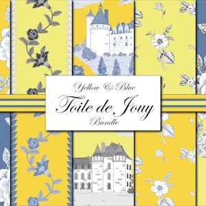 Toile de Jouy Patterns - Digital Papers - Yellow and Blue Patterns - French Elegant Pattern Bundle - Decoupage Papers - Seamless Patterns