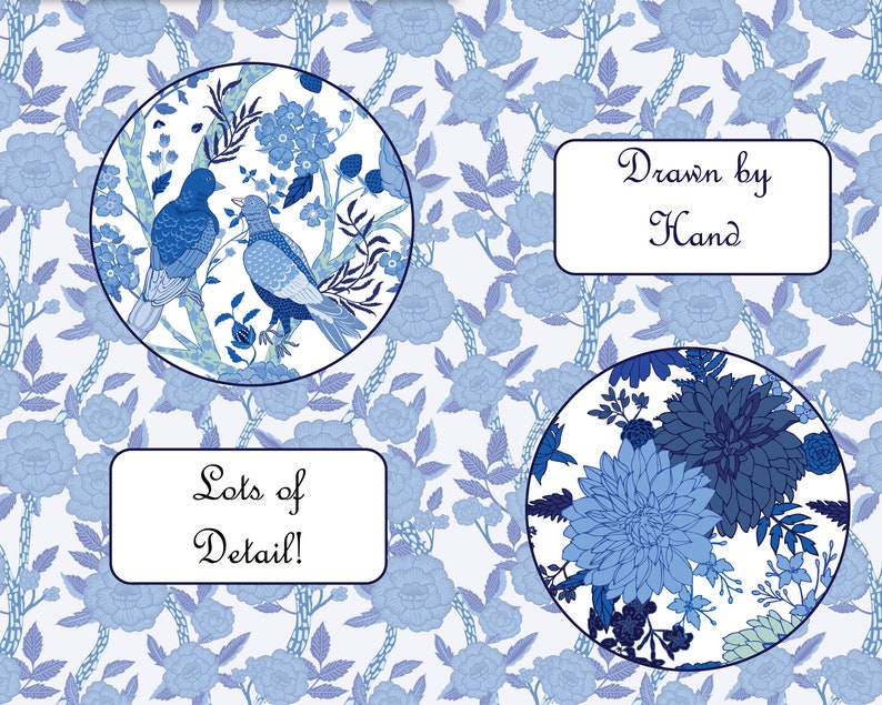 Chinoiserie Digital Paper, Blue and White Patterns, Repeat Patterns