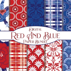 Red White Blue Digital Paper Set: Jacobean & Patriotic Designs (Digital Download)