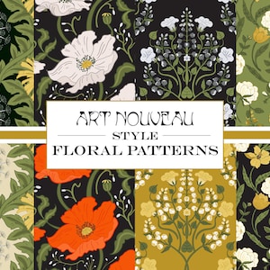Digitale Jugendstilpapiere, Jugendstilmuster, Blumenmusterpapier, Papier im Mucha-Stil, Mohnblumen-Löwenzahnmuster
