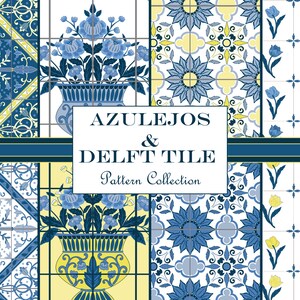 Azulejos Delft Tile Digital Papers, Patrones de azulejos azules y blancos, Patrones de repetición de azulejos, Patrones de repetición sin costuras, Papel de álbum de recortes